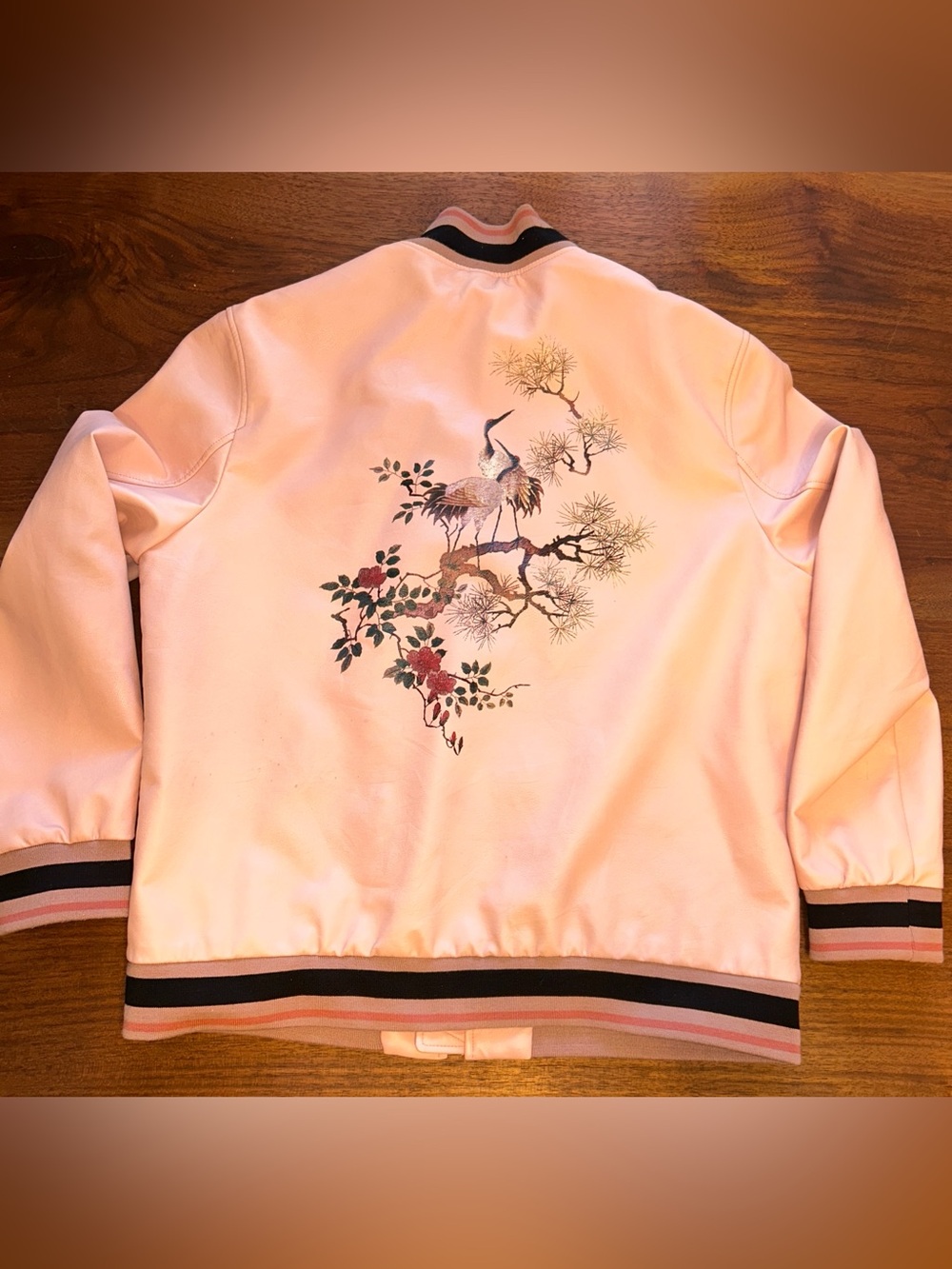 Inc. pink faux leather bomber jacket coat cranes & cherry blossoms women's XXL